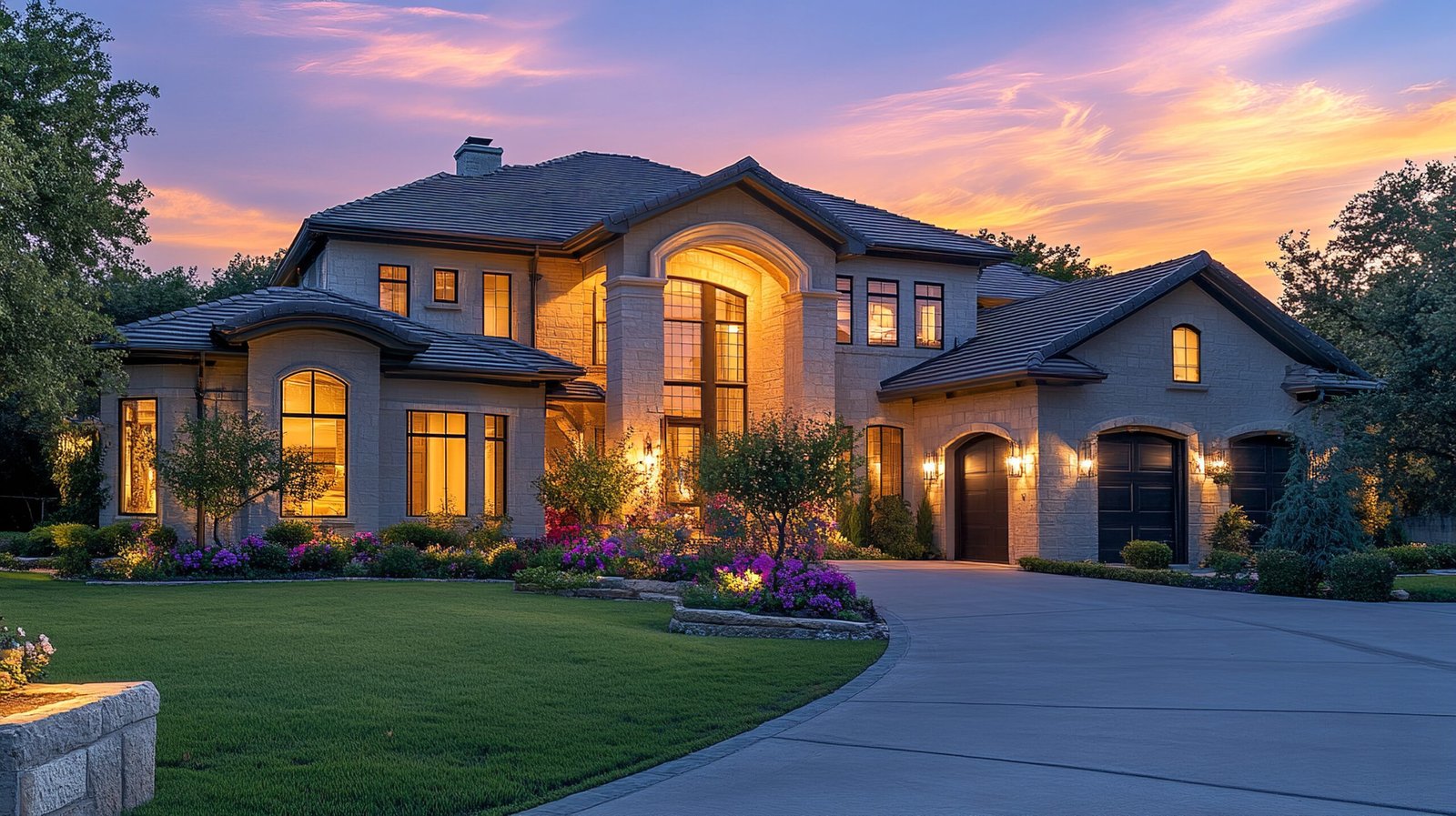 Contact Us elegant home exterior twilight with flowers warm soft light modern inviting landscaped