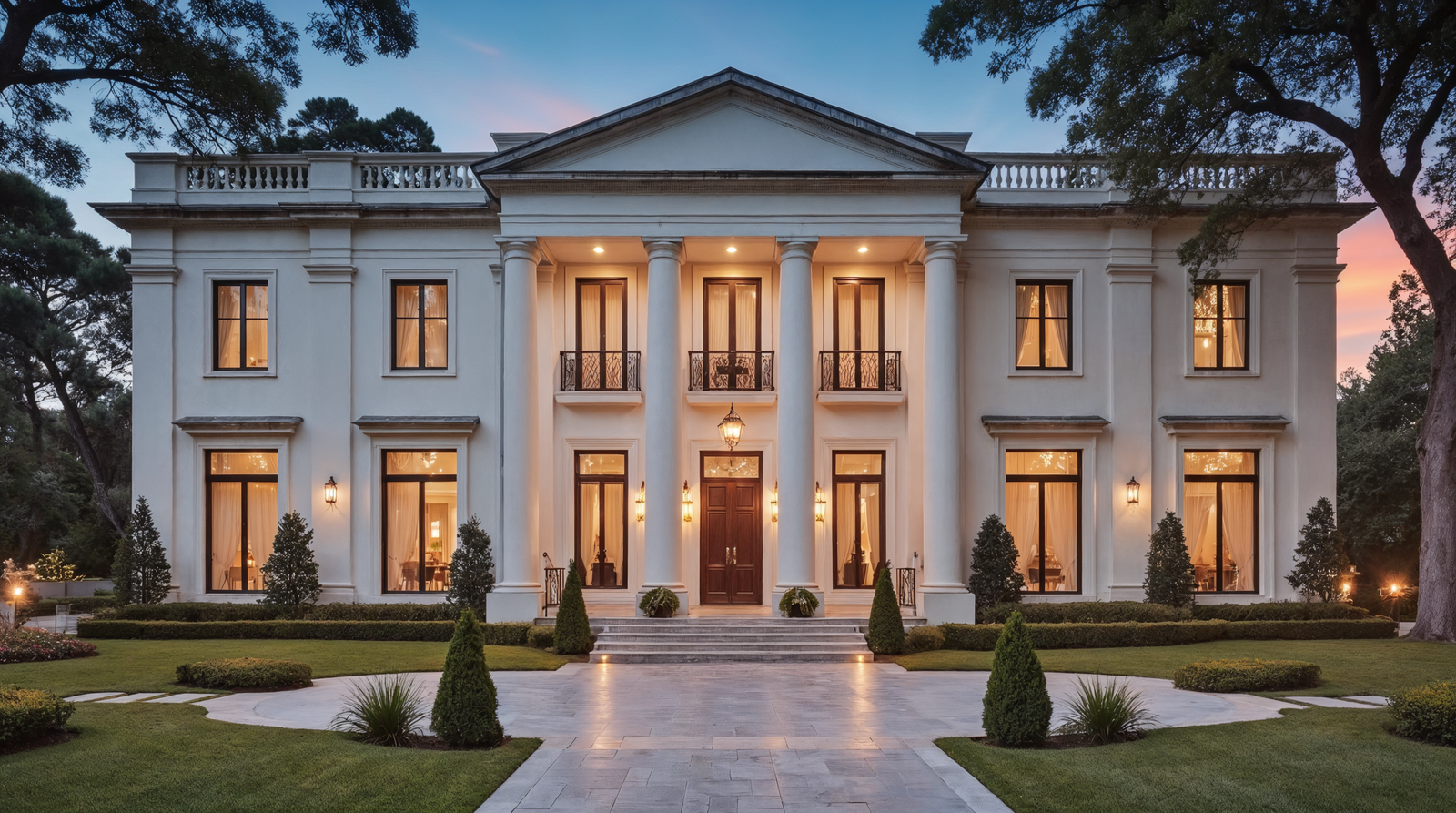 elegant mansion with columns lush landscaping