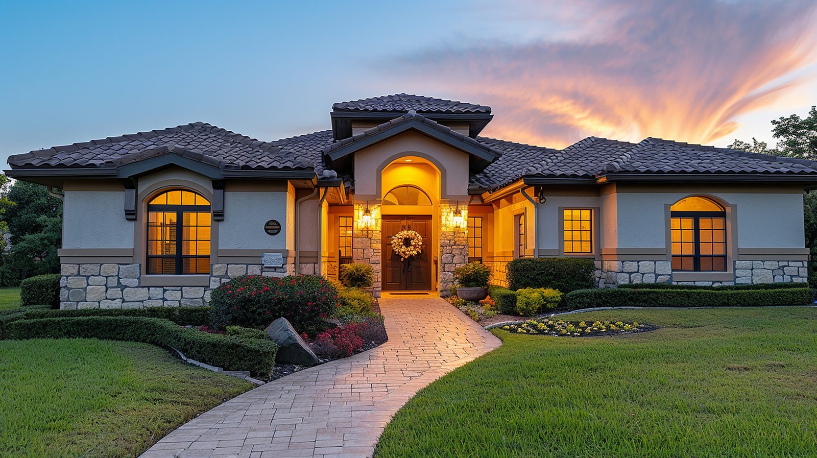 home with large wreath front door