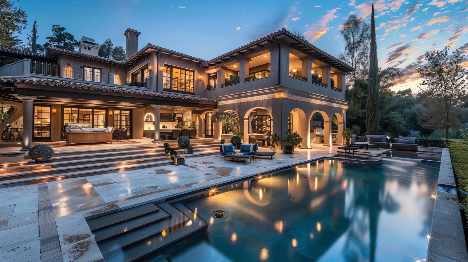 a luxurious modern house with a swimming pool and a beautiful view of the city.