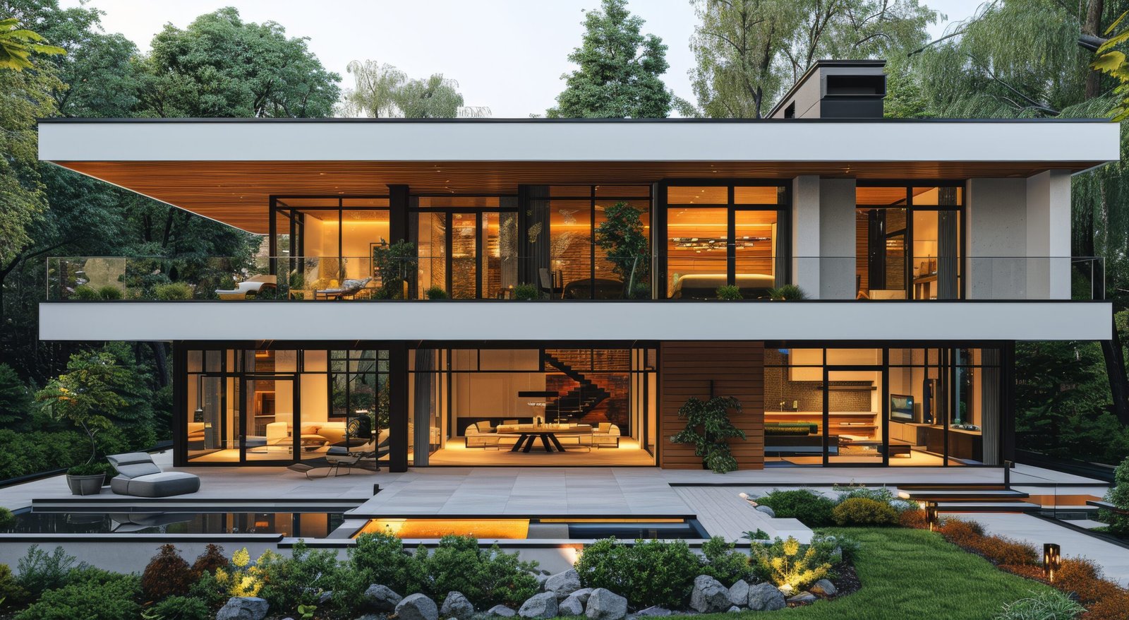 luxurious modern two story house with lush garden and outdoor pool