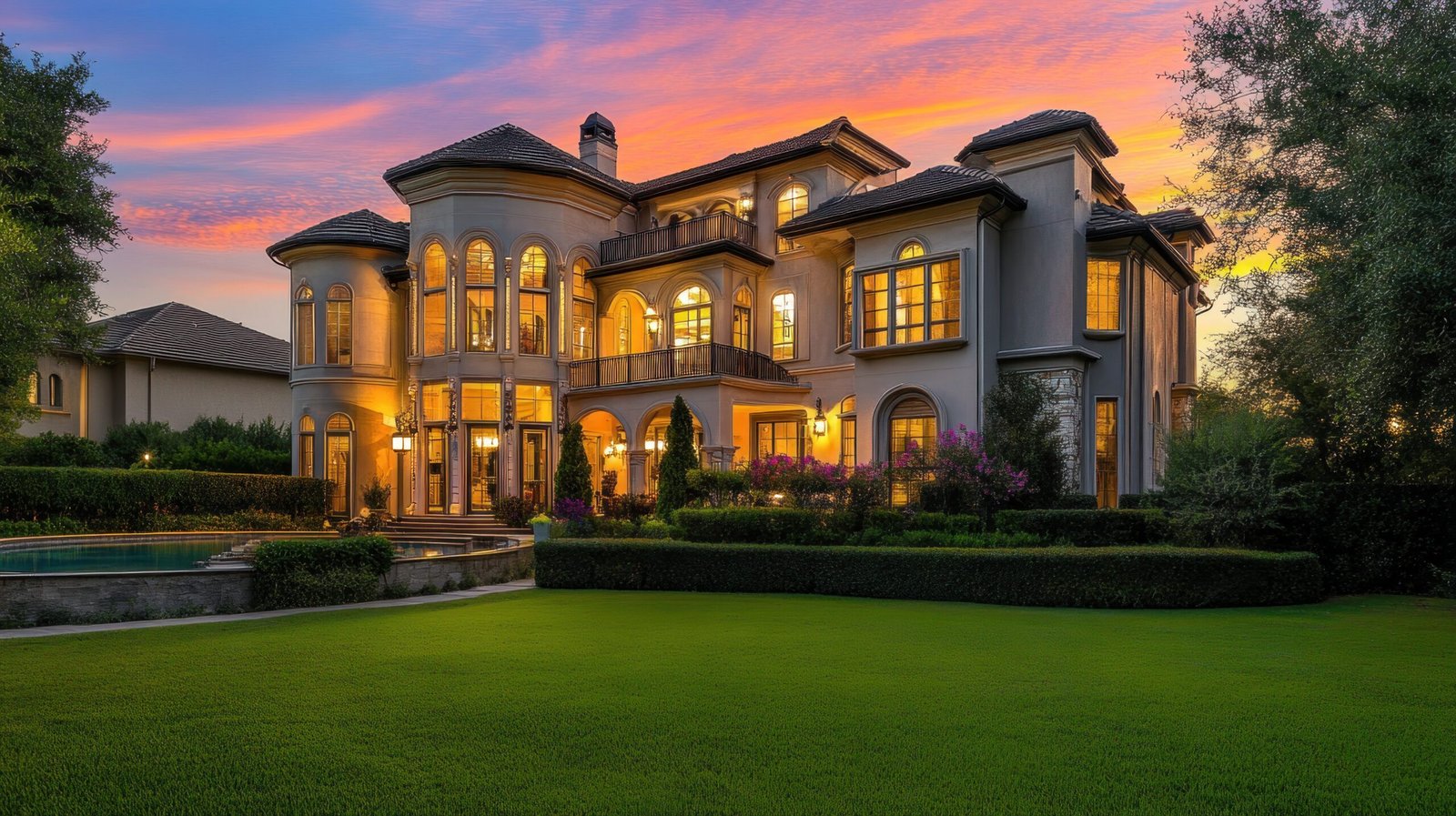 Contact Us luxury mansion at dusk