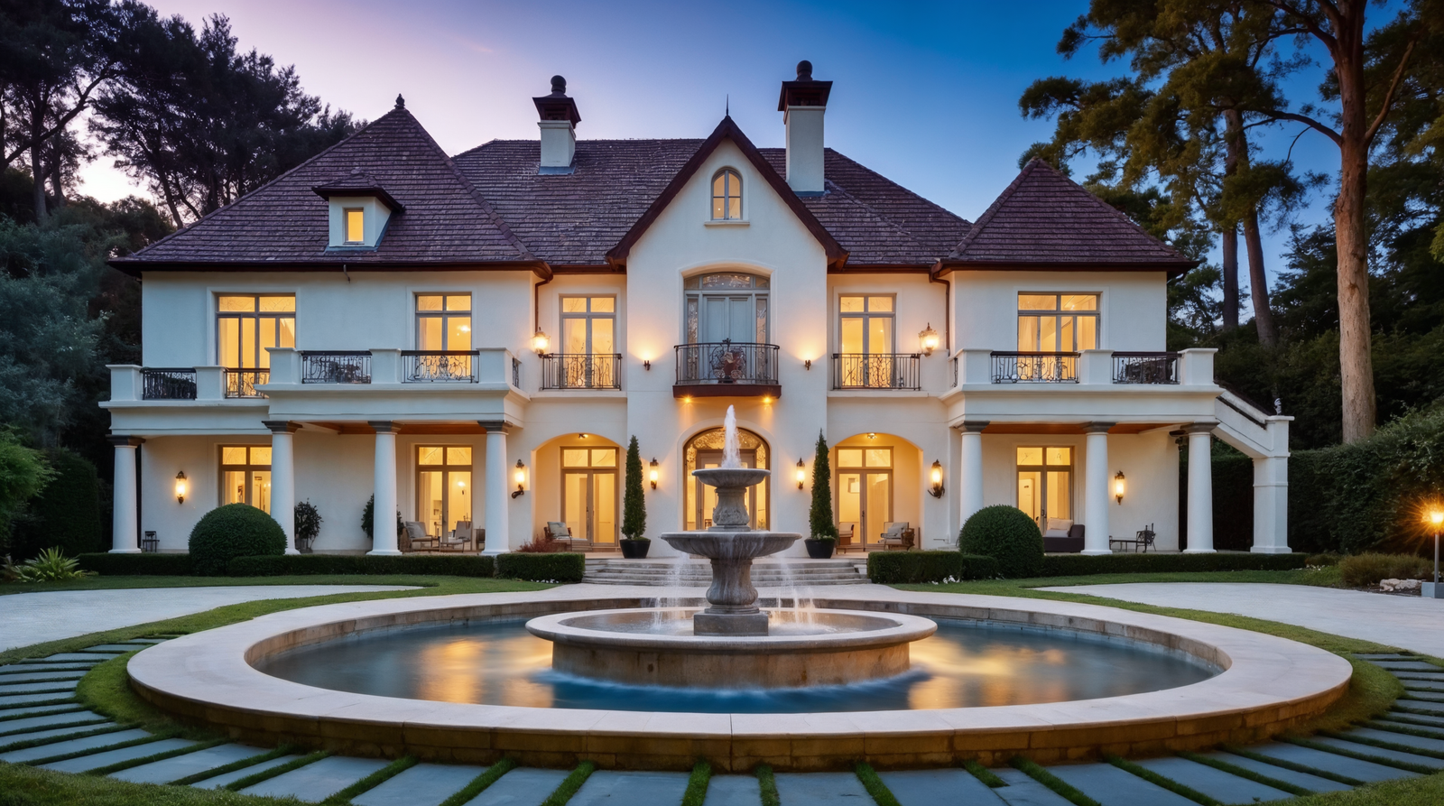 luxury mansion with fountain landscaped garden